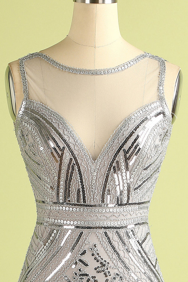 Load image into Gallery viewer, Black and Gold Long Tulle Sequin 1920s Dress
