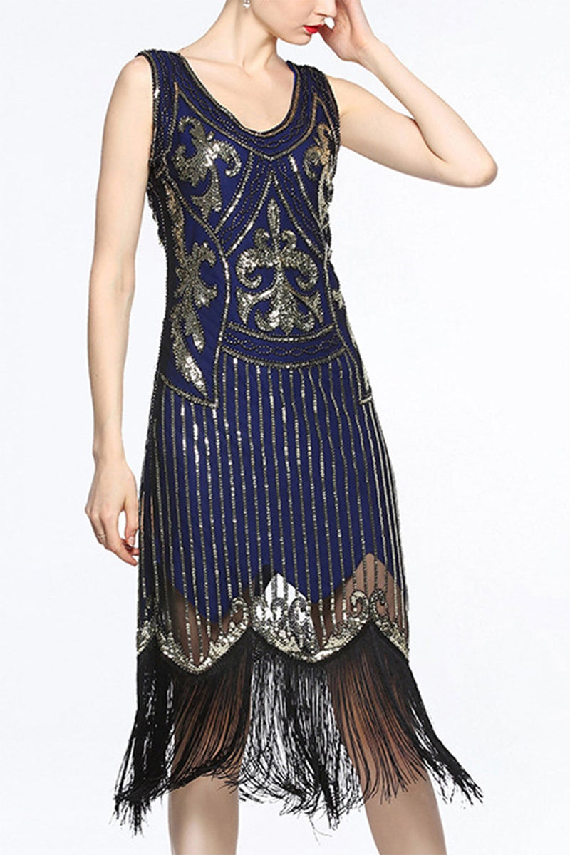 Load image into Gallery viewer, Navy 1920s Fringe Sequin Flapper Dress