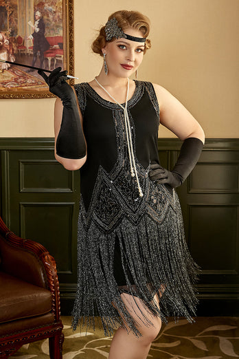 Black Plus Size 1920s Flapper Dress With Tassel