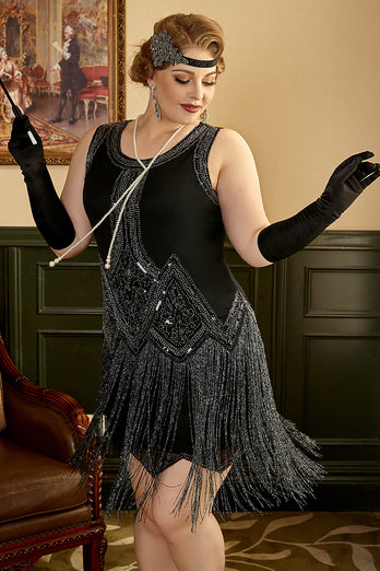 Black Plus Size 1920s Flapper Dress With Tassel