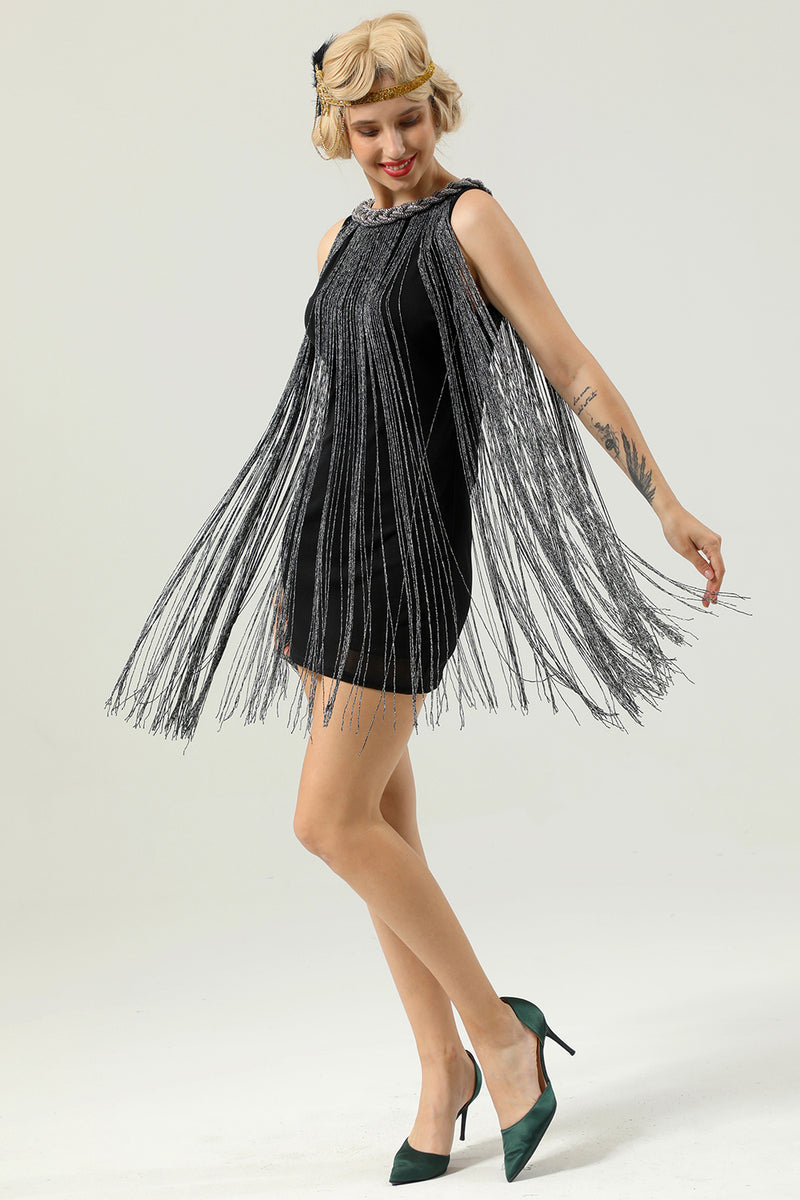 Load image into Gallery viewer, Round Neck Black Fringed 1920&#39;s Dress