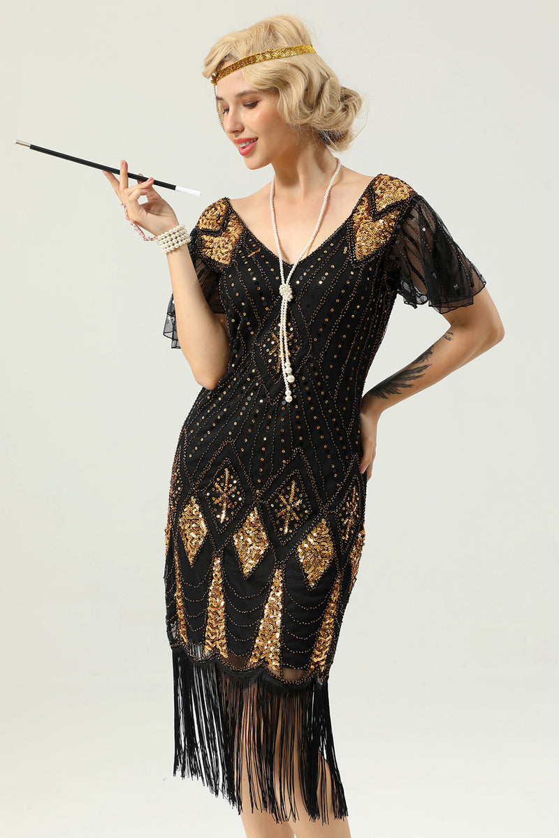 Load image into Gallery viewer, Golden Fringe 1920s Dress