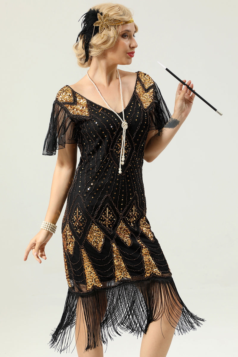 Load image into Gallery viewer, Golden Fringe 1920s Dress