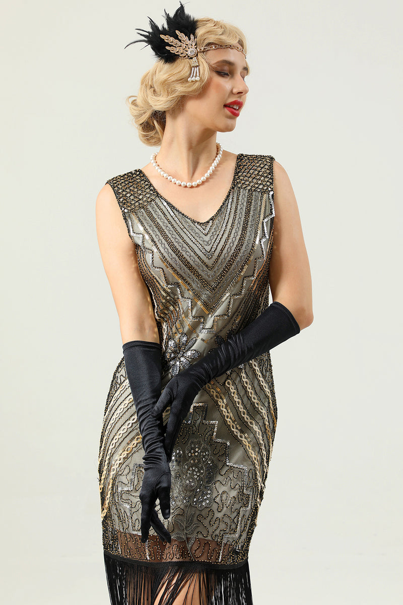 Load image into Gallery viewer, Golden V-neck 1920s Flapper Dress