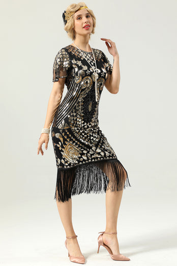 Black and Gold Sequin 1920 Dress with Batwing Sleeves