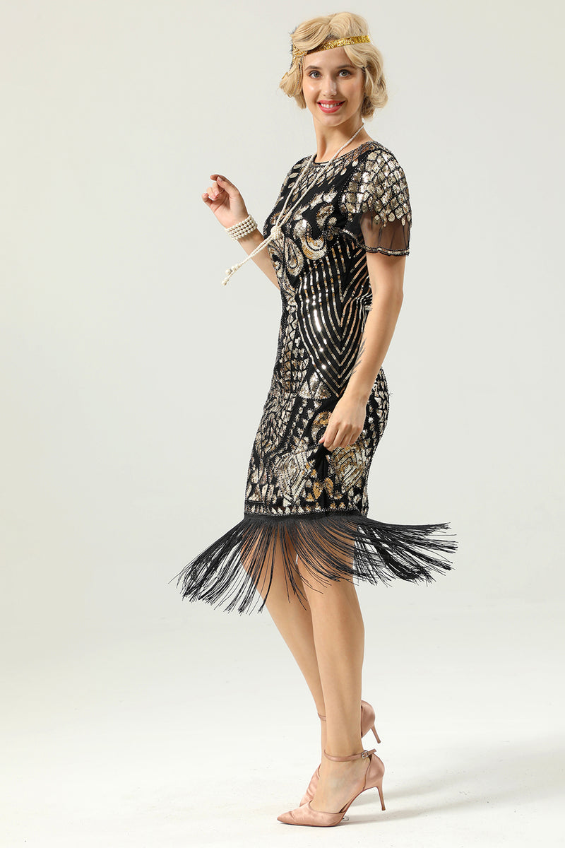 Load image into Gallery viewer, Black and Gold Sequin 1920 Dress with Batwing Sleeves