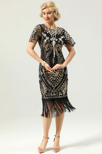 Black and Gold Sequin 1920 Dress with Batwing Sleeves