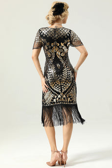 Black and Gold Sequin 1920 Dress with Batwing Sleeves