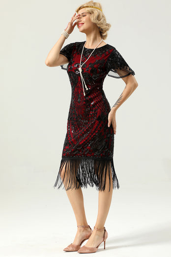 1920 Black&Red Sequins Dress with Batwing Sleeves