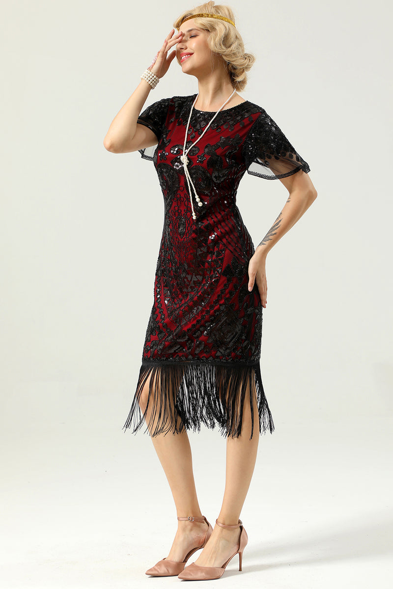 Load image into Gallery viewer, 1920 Black&amp;Red Sequins Dress with Batwing Sleeves