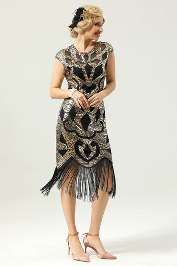 Black Sleeveless Sequin Fringe 1920 Dress