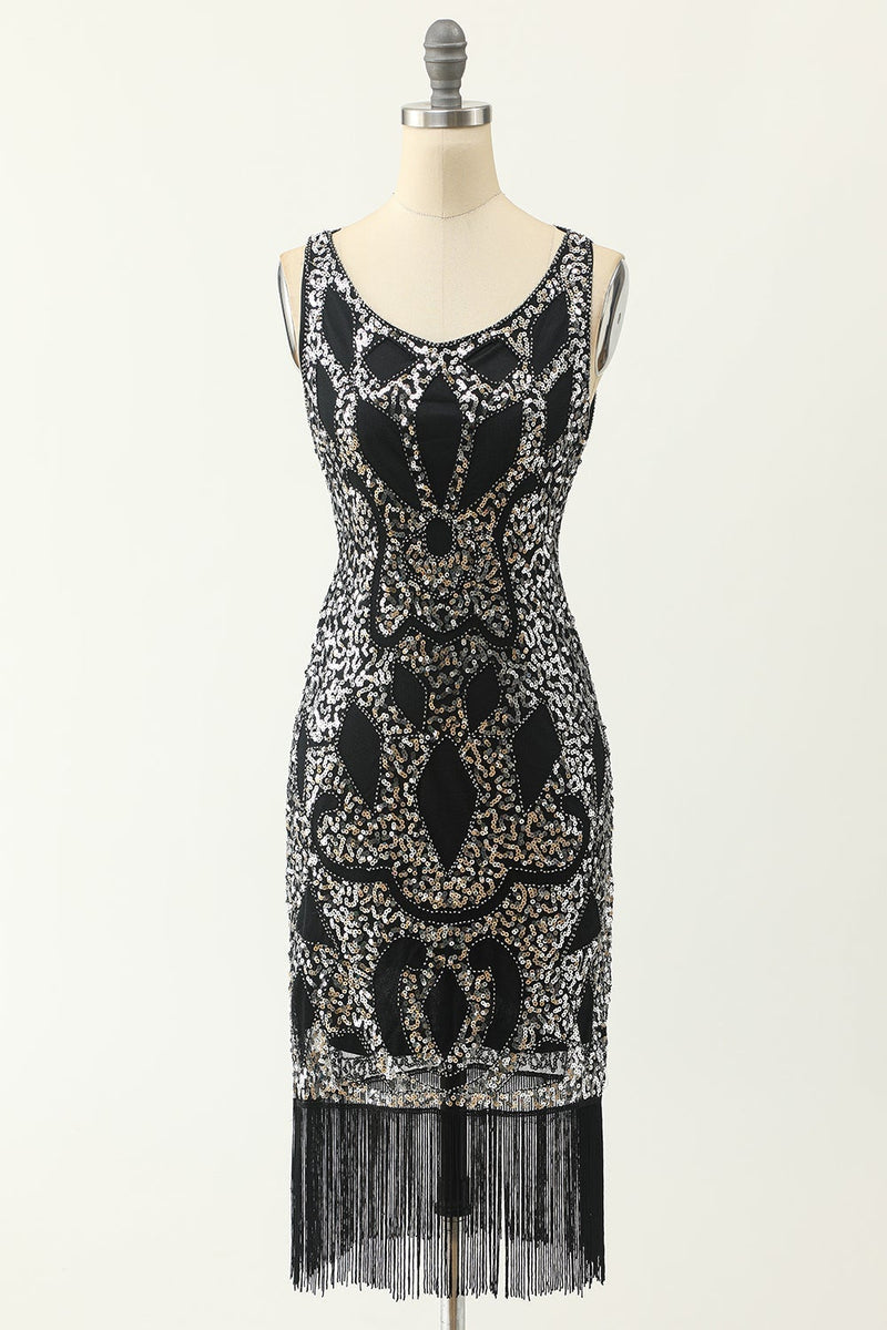 Load image into Gallery viewer, Scoop Neck Black Silver 1920s Dress