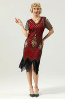 Load image into Gallery viewer, Red and Black Deep V Neck Flapper 1920s Dress