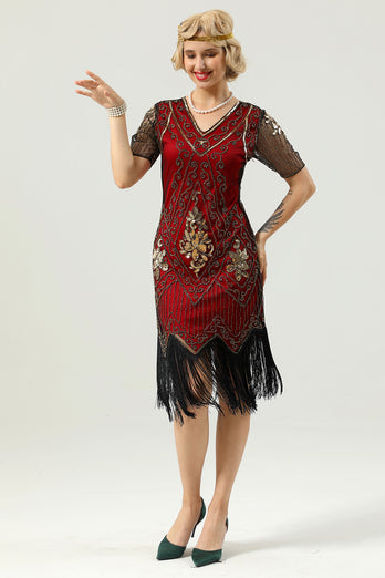 Beaded Red Sequin 1920s Dress with Sleeves