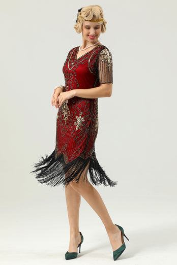 Beaded Red Sequin 1920s Dress with Sleeves