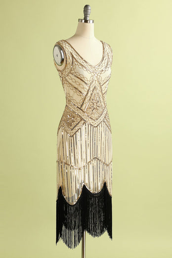 Champagne and Black Sequin Bodycon 1920s Dress