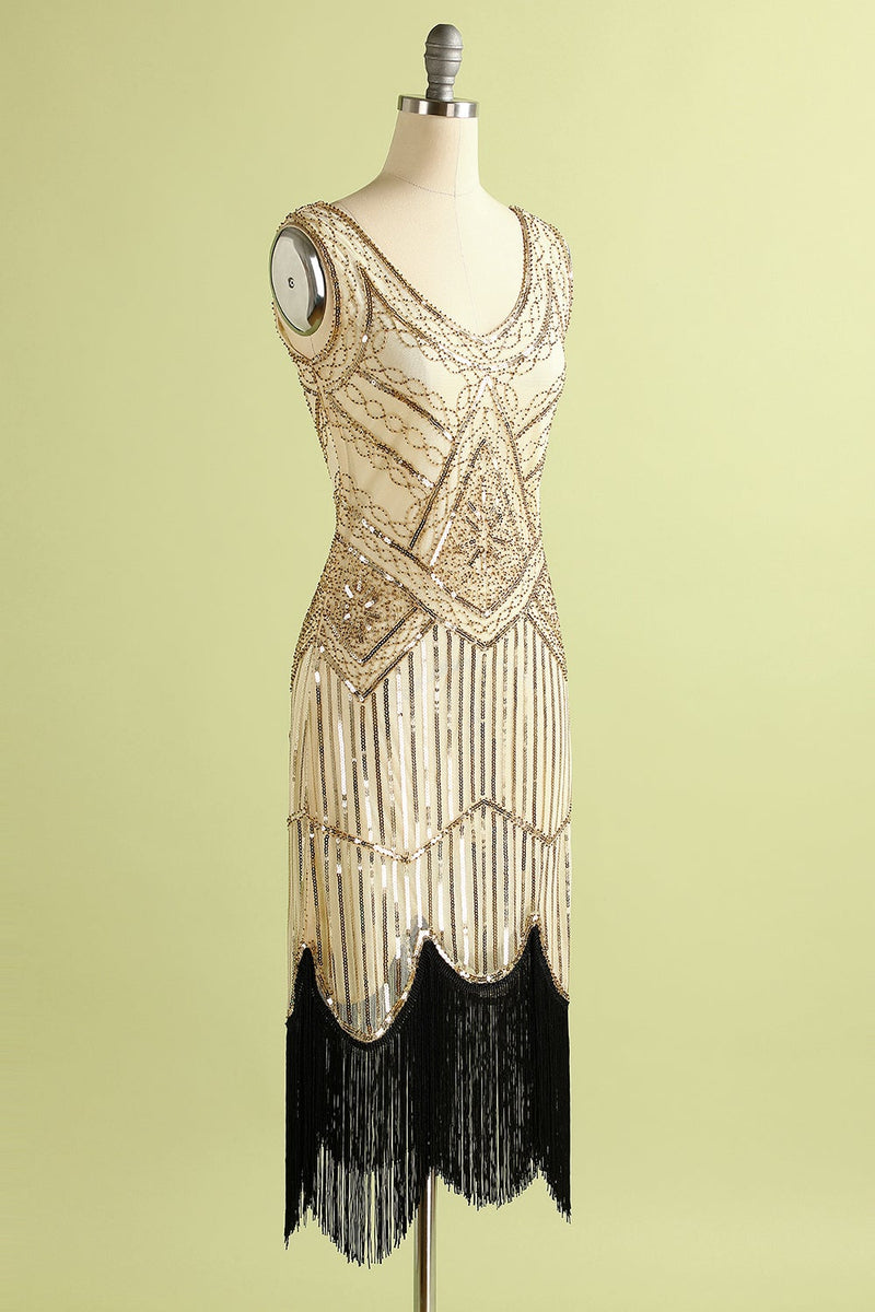 Load image into Gallery viewer, Champagne and Black Sequin Bodycon 1920s Dress