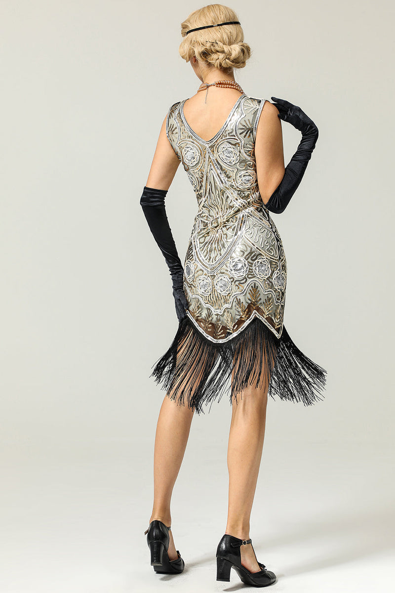 Load image into Gallery viewer, Silver Fringe Sequin 1920s Flapper Dress