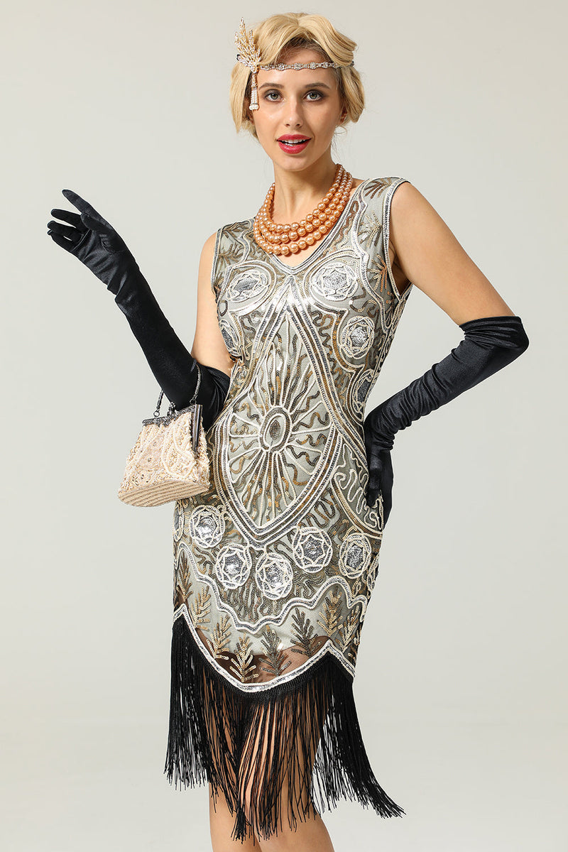 Load image into Gallery viewer, Silver Fringe Sequin 1920s Flapper Dress