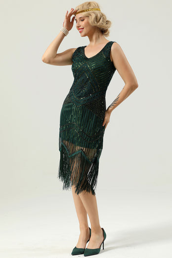 1920 Retro Dark Green Sequin Fringe Dress