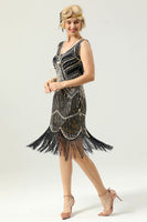 Load image into Gallery viewer, Red and Black Deep V Neck Flapper 1920s Dress