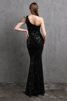 Load image into Gallery viewer, Gold Mermaid One Shoulder Sequin Prom Dresses