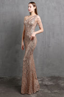 Load image into Gallery viewer, Gold Mermaid One Shoulder Sequin Prom Dresses