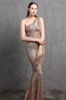 Load image into Gallery viewer, Gold Mermaid One Shoulder Sequin Prom Dresses