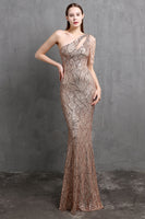 Load image into Gallery viewer, Gold Mermaid One Shoulder Sequin Prom Dresses
