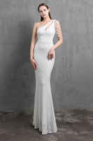 Load image into Gallery viewer, Gold Mermaid One Shoulder Sequin Prom Dresses