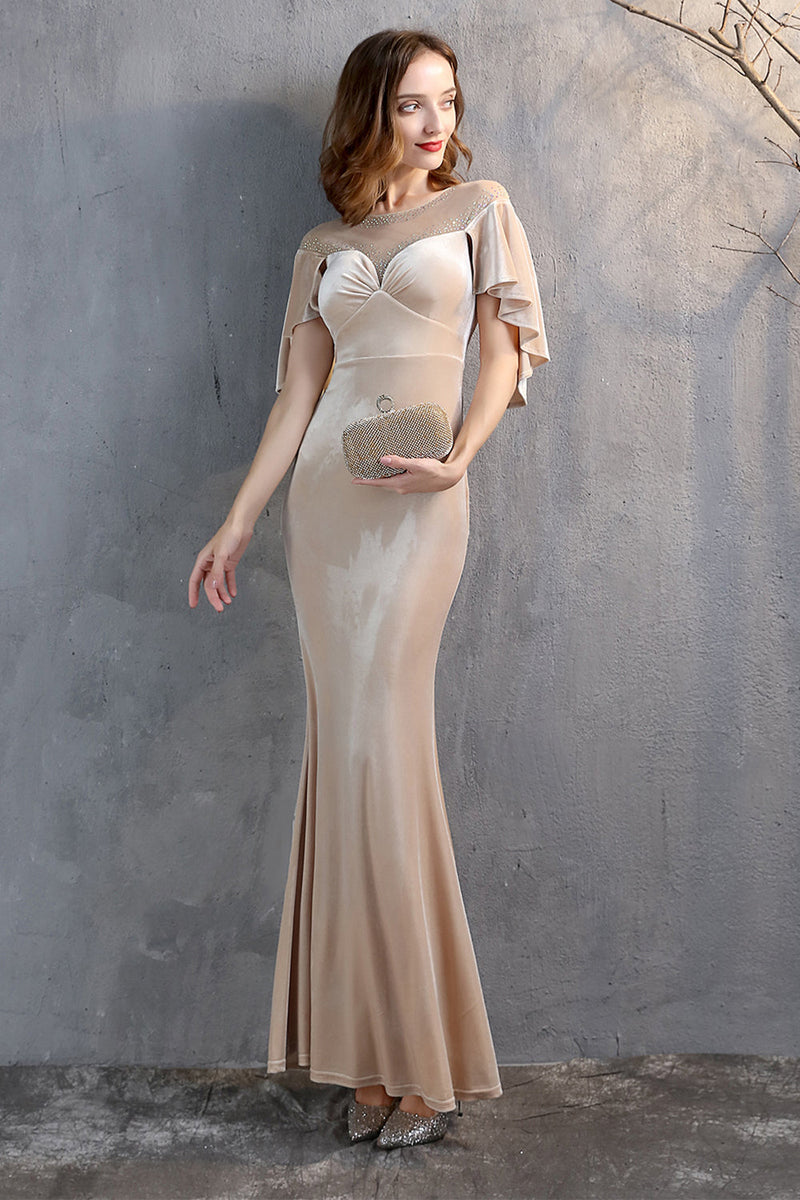 Load image into Gallery viewer, Champagne Velvet Mermaid Long Prom Dress