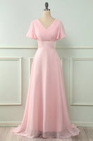 Load image into Gallery viewer, V Neck Pink Bridesmaid Dress with Ruffles