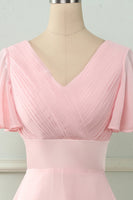 Load image into Gallery viewer, V Neck Pink Bridesmaid Dress with Ruffles