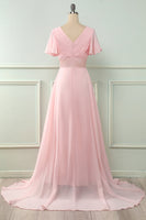 Load image into Gallery viewer, V Neck Pink Bridesmaid Dress with Ruffles