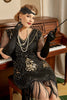 Load image into Gallery viewer, Black Golden Sequins Gatsby Fringed Plus Size 1920s Dress