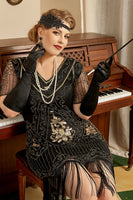 Load image into Gallery viewer, Black Golden Sequins Gatsby Fringed Plus Size 1920s Dress