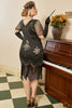 Load image into Gallery viewer, Black Golden Sequins Gatsby Fringed Plus Size 1920s Dress