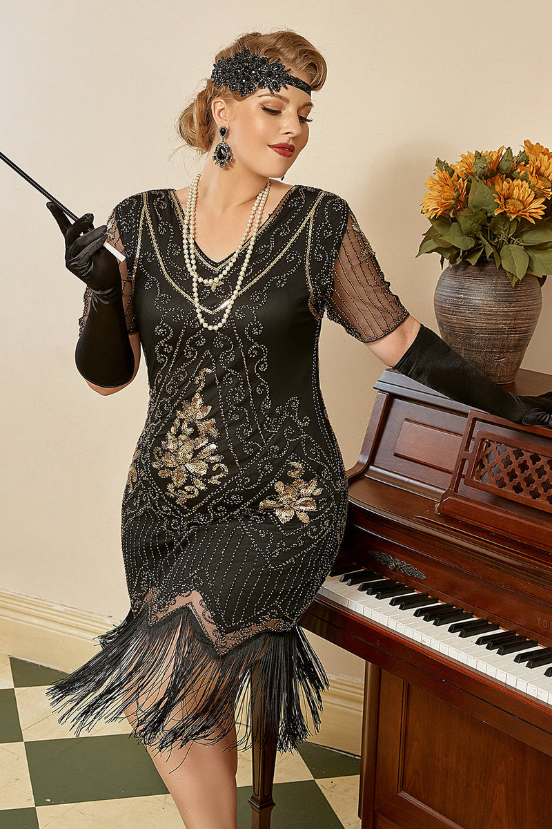 Load image into Gallery viewer, Black Golden Sequins Gatsby Fringed Plus Size 1920s Dress