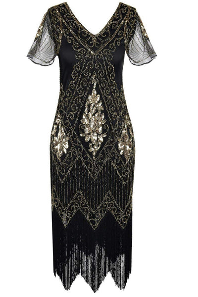 V Neck Black 1920s Flapper Dress