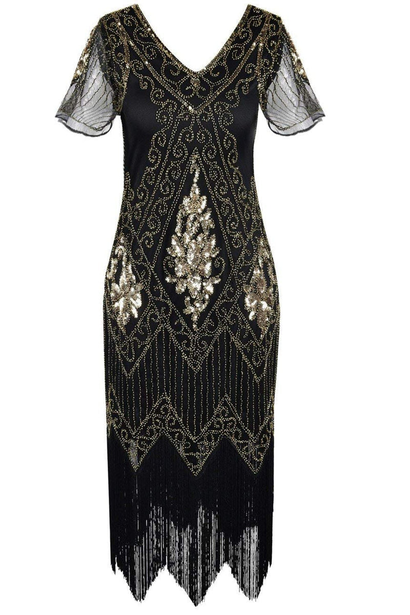 Load image into Gallery viewer, V Neck Black 1920s Flapper Dress