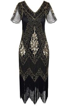 V Neck Black 1920s Flapper Dress