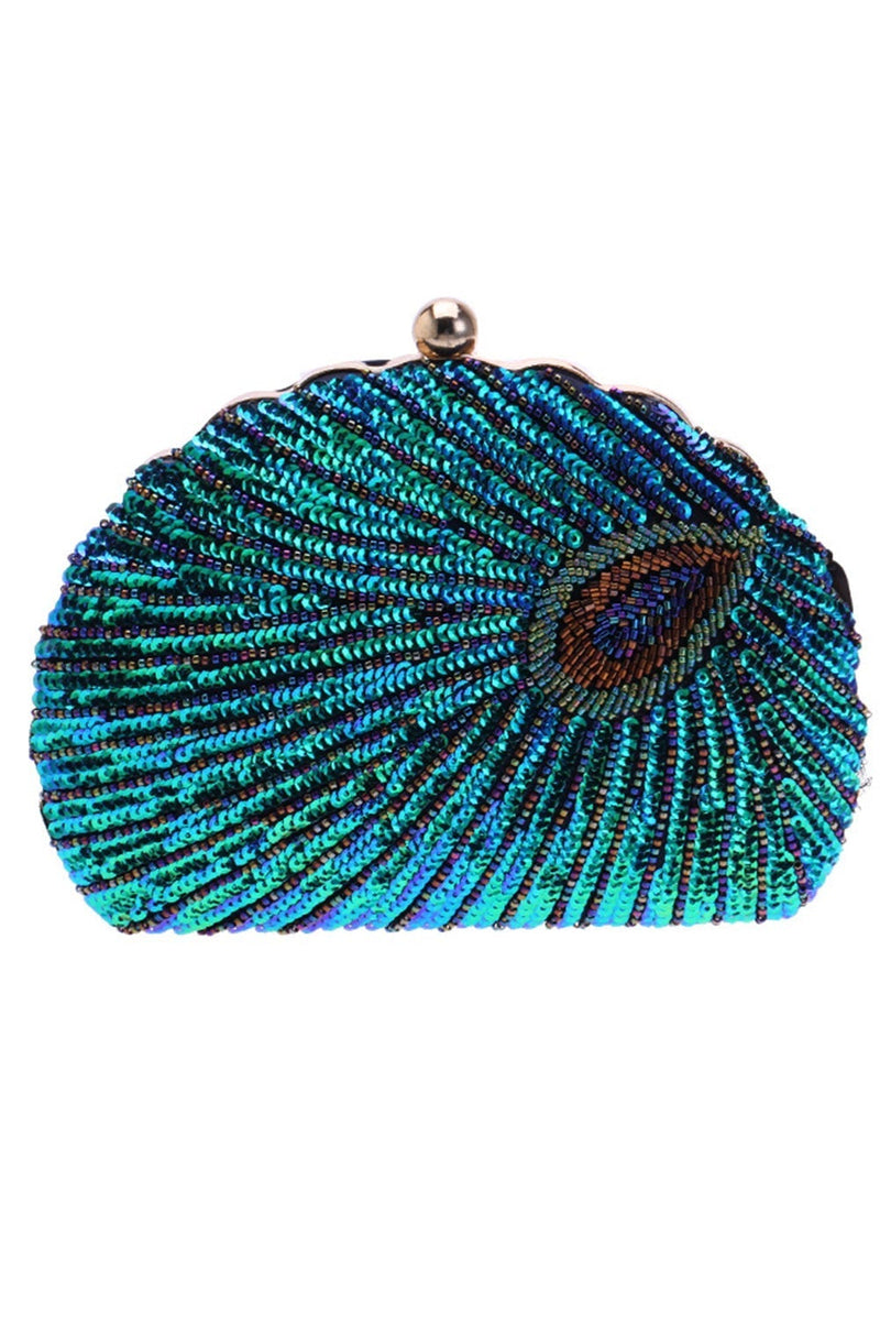 Load image into Gallery viewer, Peacock Green Beaded Shell Shaped Clutch