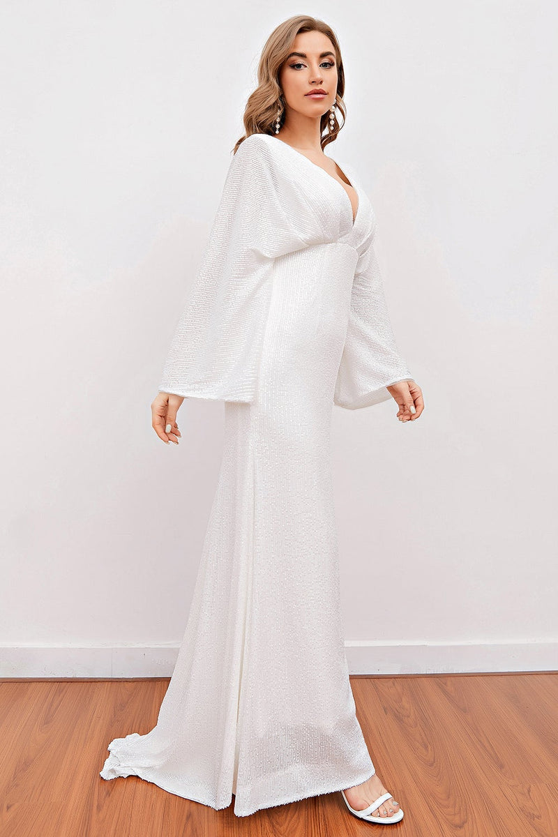 Load image into Gallery viewer, White V Neck Long Party Dress with Open Back