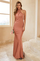 Load image into Gallery viewer, Women Bridesmaid Dress Mermaid Halter Brown Backless Long Formal Dress