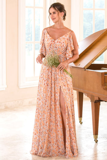 Floral Print Orange Bridesmaid Dress