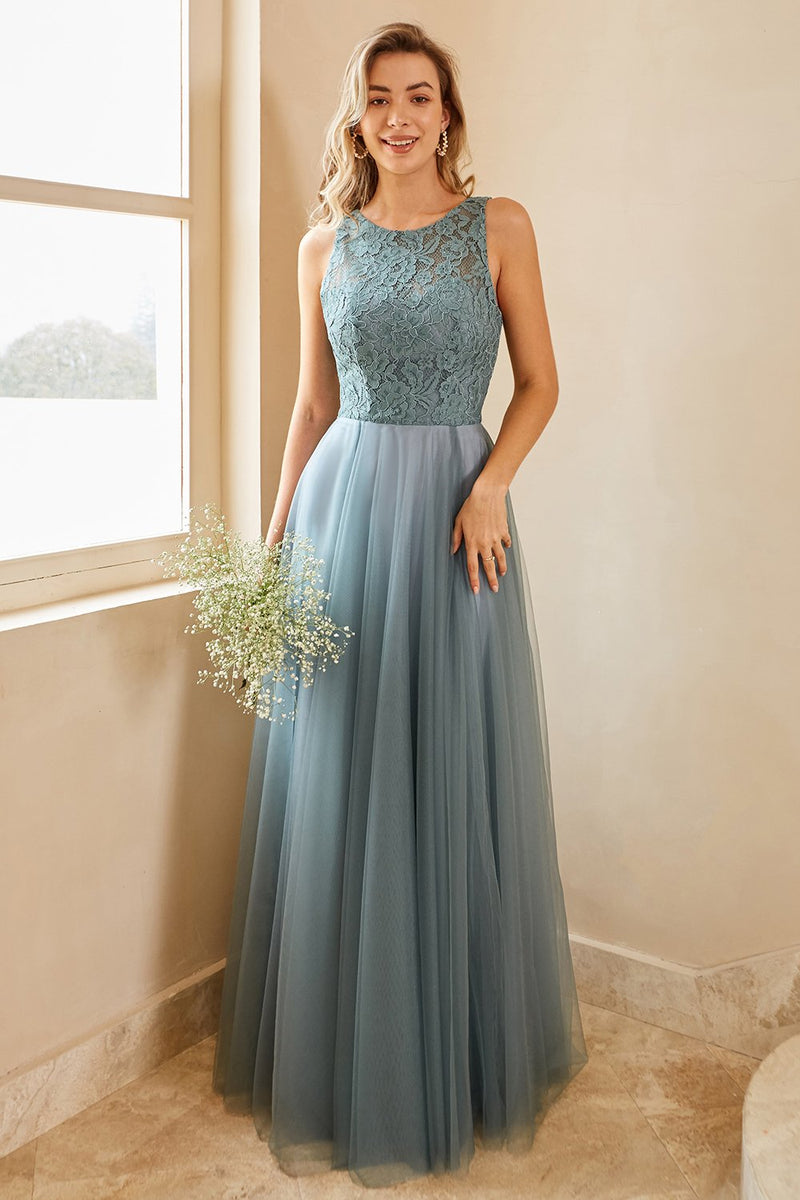 Load image into Gallery viewer, Grey Blue Tulle Bridesmaid Dress with Lace