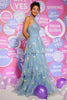 Load image into Gallery viewer, A Line Halter Grey Blue Prom Dress with Embroidery