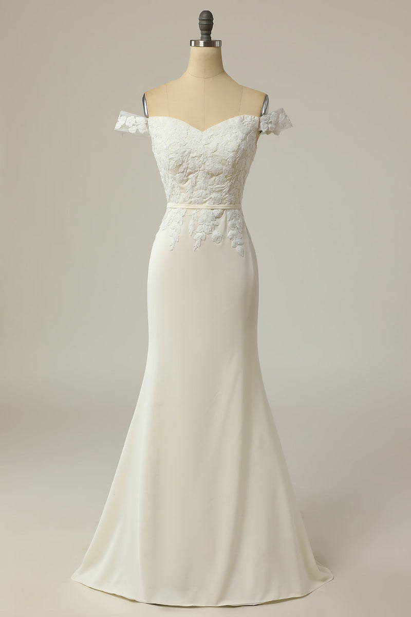 Load image into Gallery viewer, Mermaid Off the Shoulder White Wedding Dress with Appliques