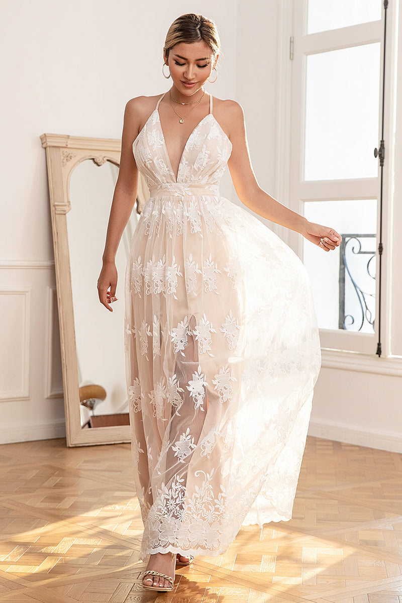 Load image into Gallery viewer, White Lace Long Prom Dress