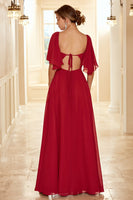 Load image into Gallery viewer, Burgundy Open Back Boho Bridesmaid Dress with Ruffles
